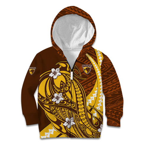 Personalized Hawthorn Hawks Kid Hoodie Polynesian Tribal Hawk Mascot With Hibiscus Flower Art