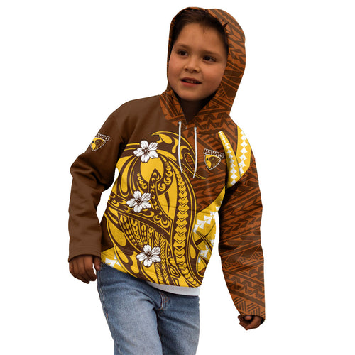 Personalized Hawthorn Hawks Kid Hoodie Polynesian Tribal Hawk Mascot With Hibiscus Flower Art