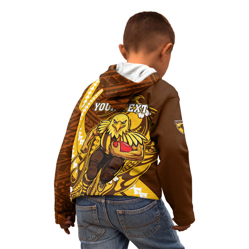 Personalized Hawthorn Hawks Kid Hoodie Polynesian Tribal Hawk Mascot With Hibiscus Flower Art