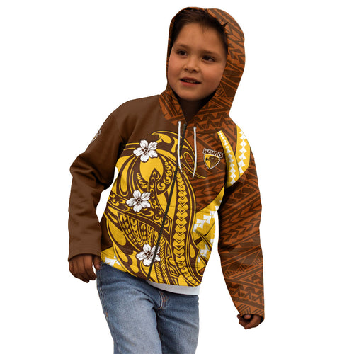 Personalized Hawthorn Hawks Kid Hoodie Polynesian Tribal Hawk Mascot With Hibiscus Flower Art