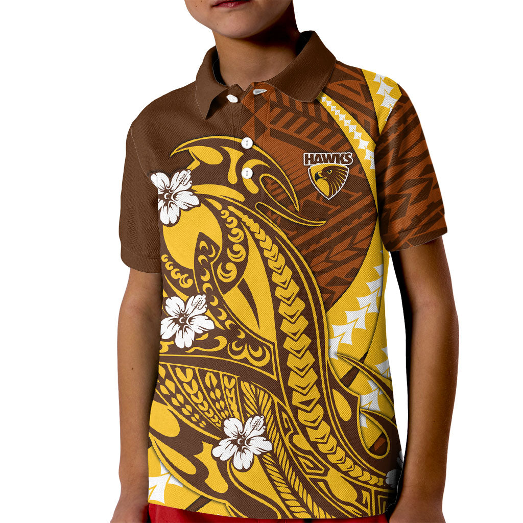 Personalized Hawthorn Hawks Kid Polo Shirt Polynesian Tribal Hawk Mascot With Hibiscus Flower Art