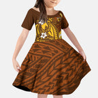 Personalized Hawthorn Hawks Kid Short Sleeve Dress Polynesian Tribal Hawk Mascot With Hibiscus Flower Art