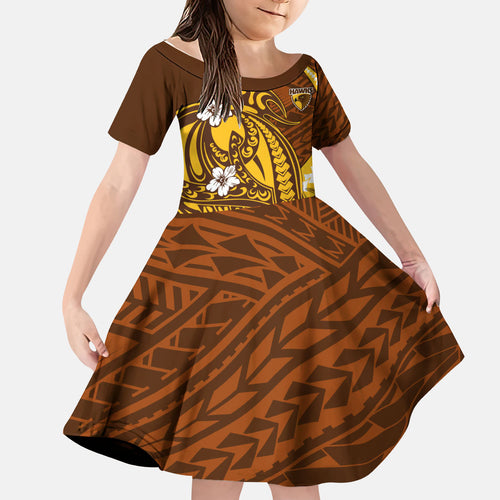 Personalized Hawthorn Hawks Kid Short Sleeve Dress Polynesian Tribal Hawk Mascot With Hibiscus Flower Art