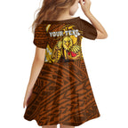 Personalized Hawthorn Hawks Kid Short Sleeve Dress Polynesian Tribal Hawk Mascot With Hibiscus Flower Art