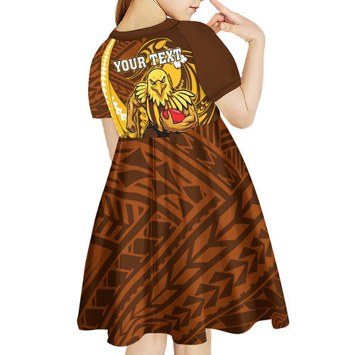 Personalized Hawthorn Hawks Kid Short Sleeve Dress Polynesian Tribal Hawk Mascot With Hibiscus Flower Art