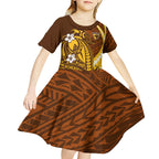 Personalized Hawthorn Hawks Kid Short Sleeve Dress Polynesian Tribal Hawk Mascot With Hibiscus Flower Art