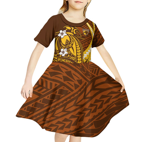 Personalized Hawthorn Hawks Kid Short Sleeve Dress Polynesian Tribal Hawk Mascot With Hibiscus Flower Art