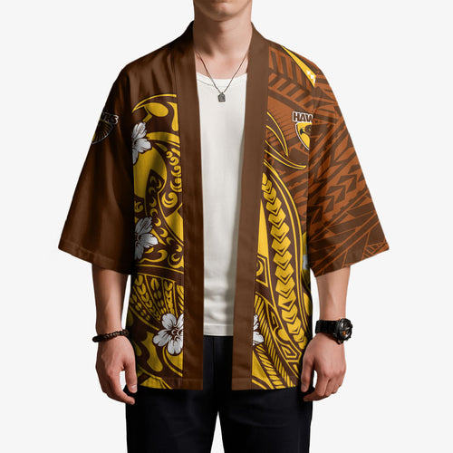 Personalized Hawthorn Hawks Kimono Polynesian Tribal Hawk Mascot With Hibiscus Flower Art