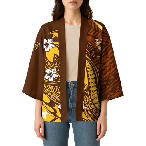 Personalized Hawthorn Hawks Kimono Polynesian Tribal Hawk Mascot With Hibiscus Flower Art