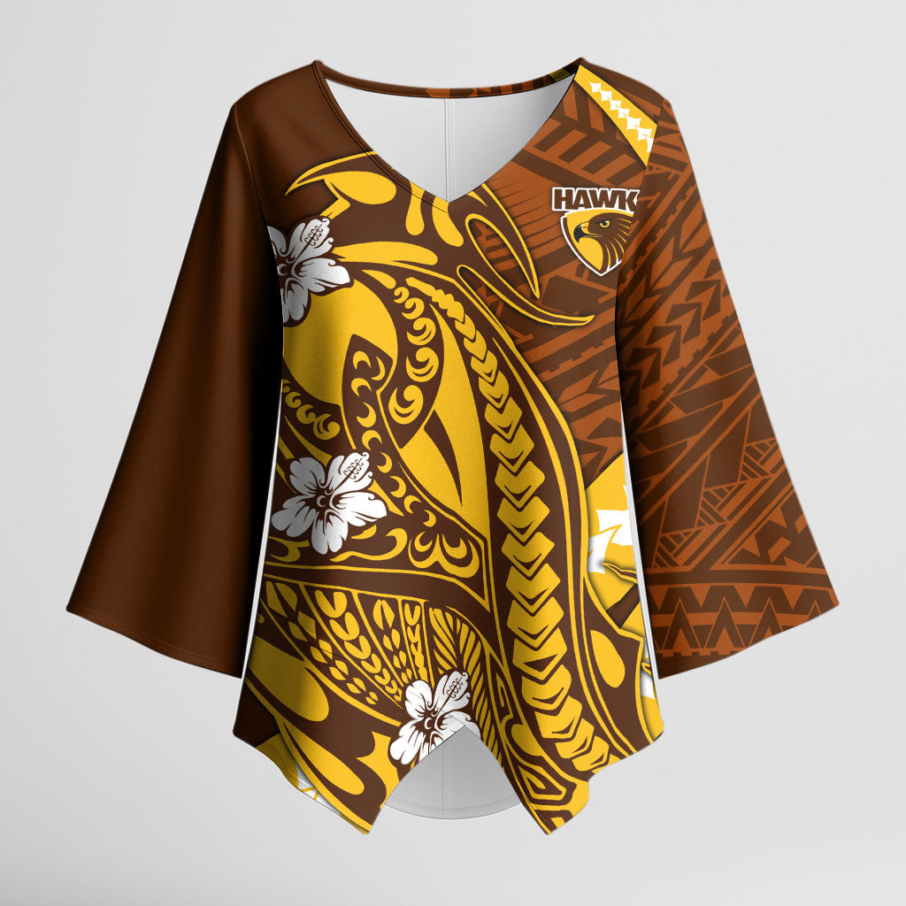 Personalized Hawthorn Hawks Kimono Sleeve Blouse Polynesian Tribal Hawk Mascot With Hibiscus Flower Art