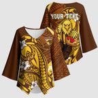 Personalized Hawthorn Hawks Kimono Sleeve Blouse Polynesian Tribal Hawk Mascot With Hibiscus Flower Art