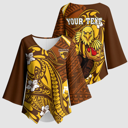 Personalized Hawthorn Hawks Kimono Sleeve Blouse Polynesian Tribal Hawk Mascot With Hibiscus Flower Art