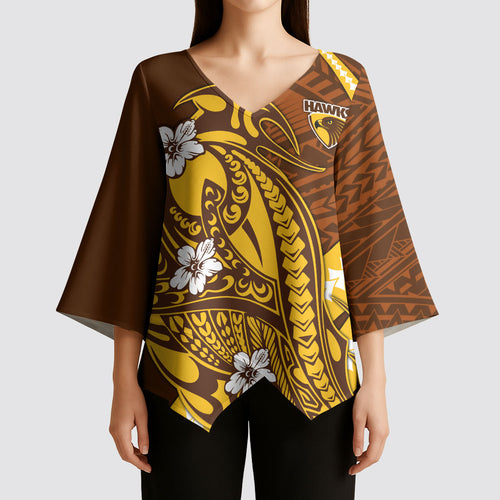 Personalized Hawthorn Hawks Kimono Sleeve Blouse Polynesian Tribal Hawk Mascot With Hibiscus Flower Art