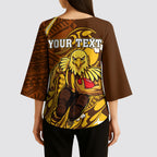 Personalized Hawthorn Hawks Kimono Sleeve Blouse Polynesian Tribal Hawk Mascot With Hibiscus Flower Art