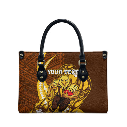 Personalized Hawthorn Hawks Leather Bag Polynesian Tribal Hawk Mascot With Hibiscus Flower Art