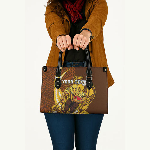 Personalized Hawthorn Hawks Leather Bag Polynesian Tribal Hawk Mascot With Hibiscus Flower Art