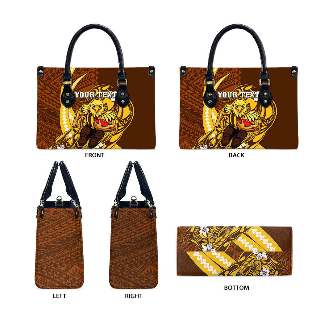 Personalized Hawthorn Hawks Leather Bag Polynesian Tribal Hawk Mascot With Hibiscus Flower Art