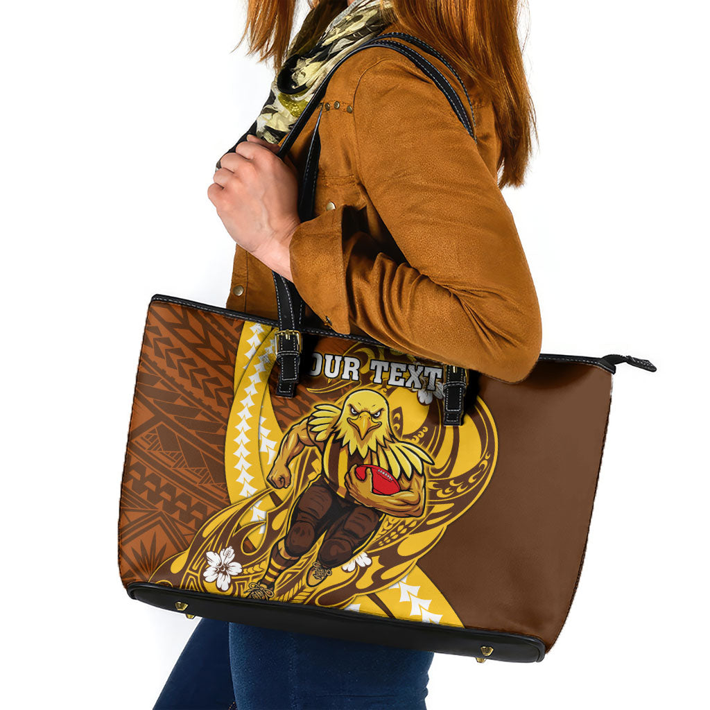 Personalized Hawthorn Hawks Leather Tote Bag Polynesian Tribal Hawk Mascot With Hibiscus Flower Art