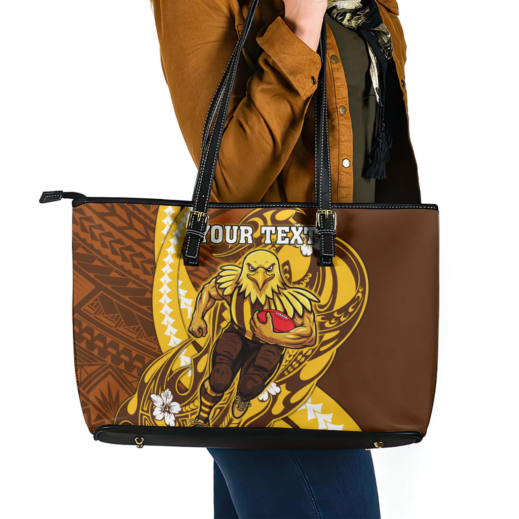 Personalized Hawthorn Hawks Leather Tote Bag Polynesian Tribal Hawk Mascot With Hibiscus Flower Art