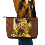 Personalized Hawthorn Hawks Leather Tote Bag Polynesian Tribal Hawk Mascot With Hibiscus Flower Art