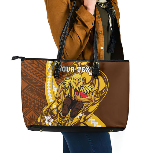 Personalized Hawthorn Hawks Leather Tote Bag Polynesian Tribal Hawk Mascot With Hibiscus Flower Art