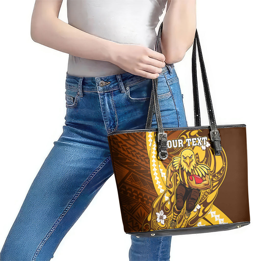 Personalized Hawthorn Hawks Leather Tote Bag Polynesian Tribal Hawk Mascot With Hibiscus Flower Art