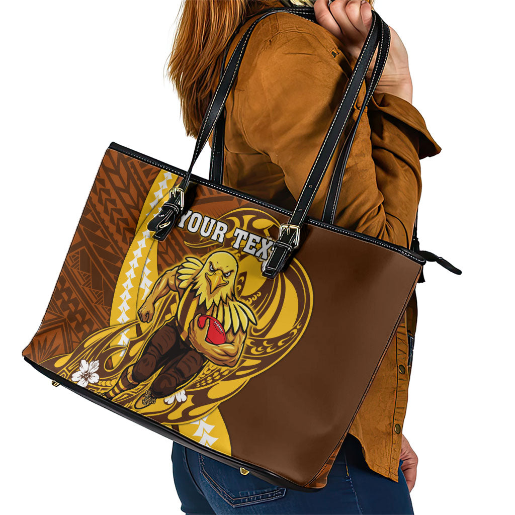 Personalized Hawthorn Hawks Leather Tote Bag Polynesian Tribal Hawk Mascot With Hibiscus Flower Art
