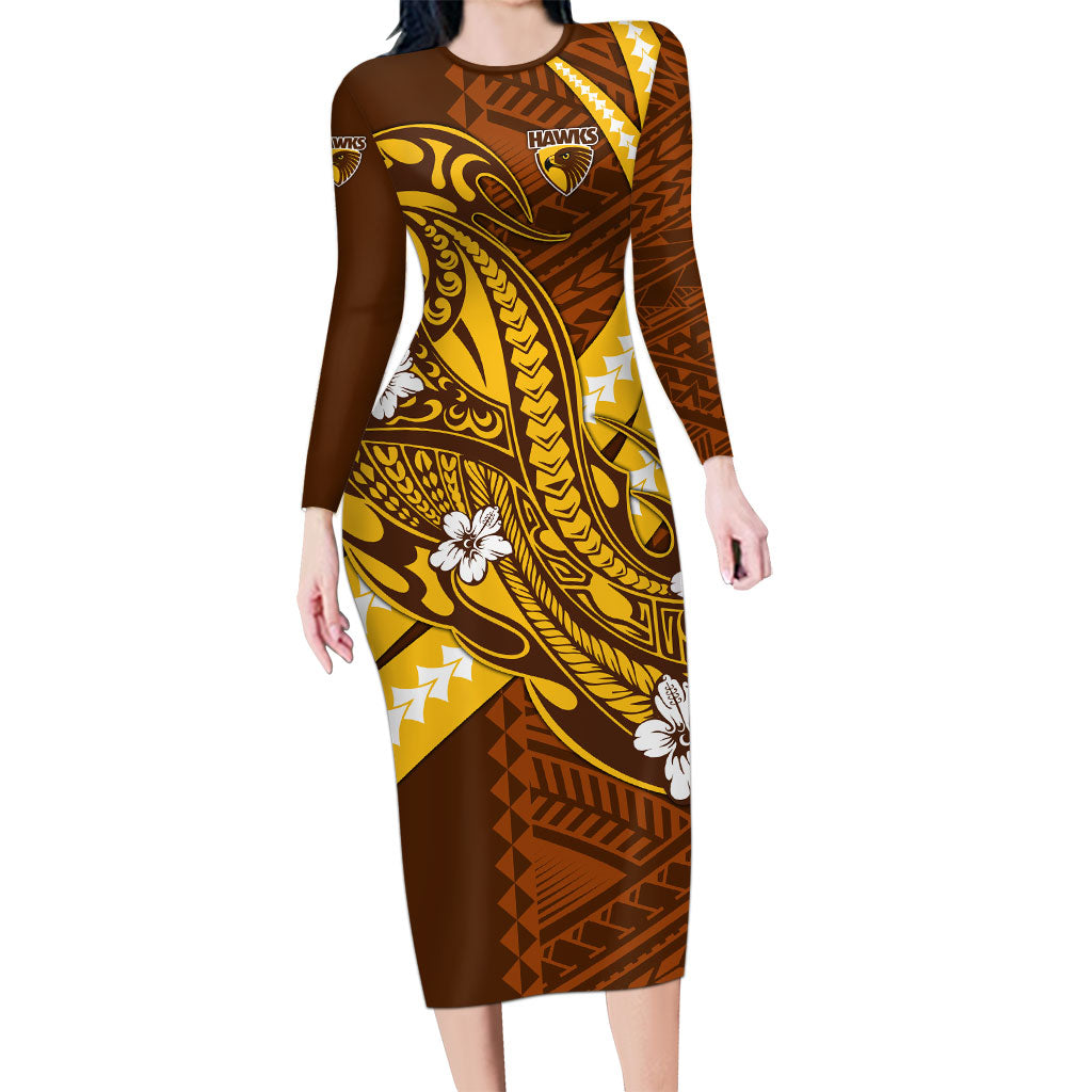 Personalized Hawthorn Hawks Long Sleeve Bodycon Dress Polynesian Tribal Hawk Mascot With Hibiscus Flower Art