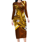 Personalized Hawthorn Hawks Long Sleeve Bodycon Dress Polynesian Tribal Hawk Mascot With Hibiscus Flower Art