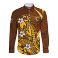 Personalized Hawthorn Hawks Long Sleeve Button Shirt Polynesian Tribal Hawk Mascot With Hibiscus Flower Art