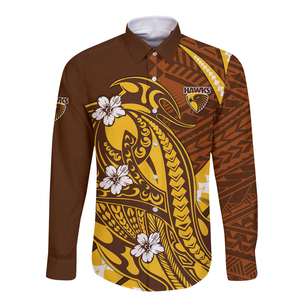 Personalized Hawthorn Hawks Long Sleeve Button Shirt Polynesian Tribal Hawk Mascot With Hibiscus Flower Art