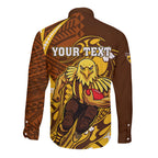 Personalized Hawthorn Hawks Long Sleeve Button Shirt Polynesian Tribal Hawk Mascot With Hibiscus Flower Art