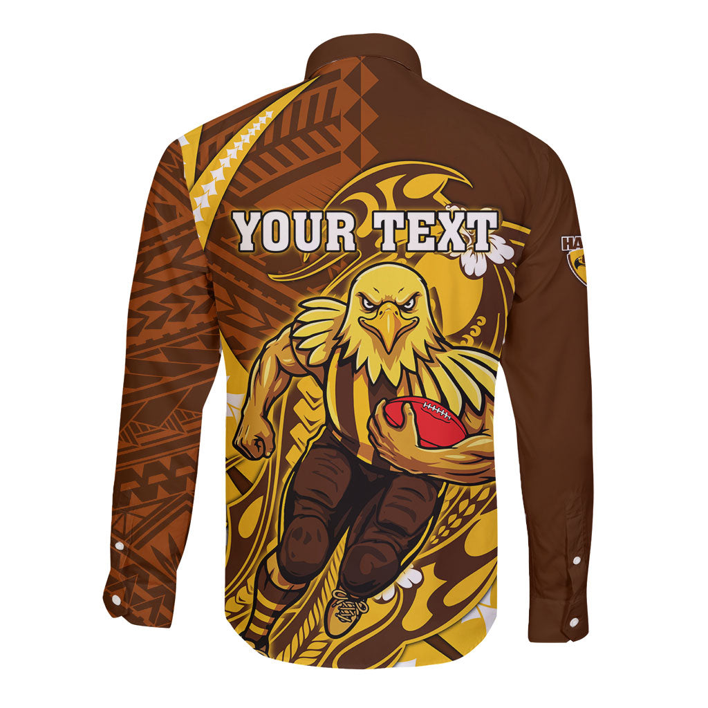 Personalized Hawthorn Hawks Long Sleeve Button Shirt Polynesian Tribal Hawk Mascot With Hibiscus Flower Art