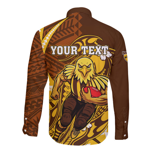 Personalized Hawthorn Hawks Long Sleeve Button Shirt Polynesian Tribal Hawk Mascot With Hibiscus Flower Art