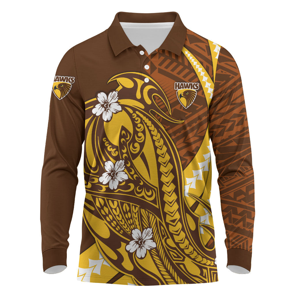 Personalized Hawthorn Hawks Long Sleeve Polo Shirt Polynesian Tribal Hawk Mascot With Hibiscus Flower Art