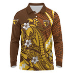Personalized Hawthorn Hawks Long Sleeve Polo Shirt Polynesian Tribal Hawk Mascot With Hibiscus Flower Art