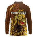 Personalized Hawthorn Hawks Long Sleeve Polo Shirt Polynesian Tribal Hawk Mascot With Hibiscus Flower Art