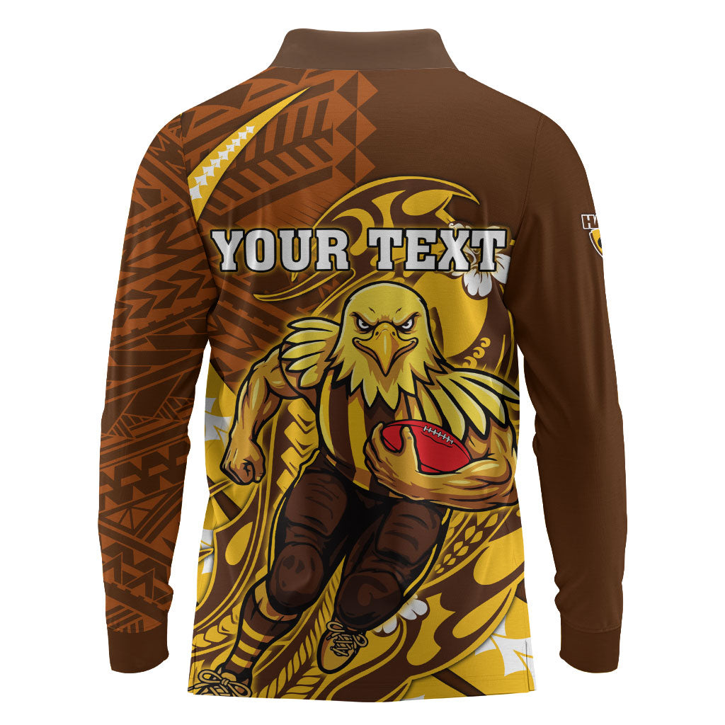 Personalized Hawthorn Hawks Long Sleeve Polo Shirt Polynesian Tribal Hawk Mascot With Hibiscus Flower Art