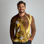 Personalized Hawthorn Hawks Long Sleeve Polo Shirt Polynesian Tribal Hawk Mascot With Hibiscus Flower Art