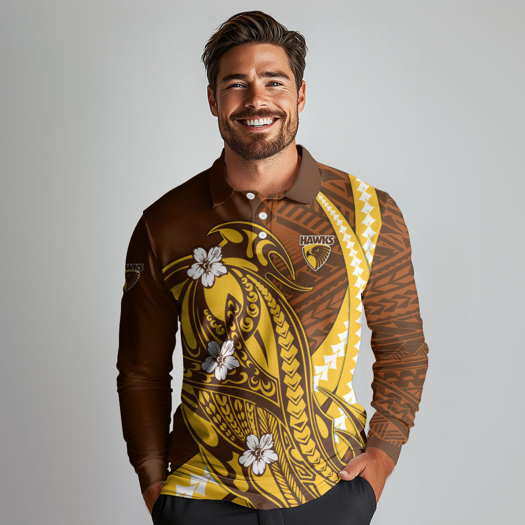 Personalized Hawthorn Hawks Long Sleeve Polo Shirt Polynesian Tribal Hawk Mascot With Hibiscus Flower Art