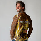 Personalized Hawthorn Hawks Long Sleeve Polo Shirt Polynesian Tribal Hawk Mascot With Hibiscus Flower Art