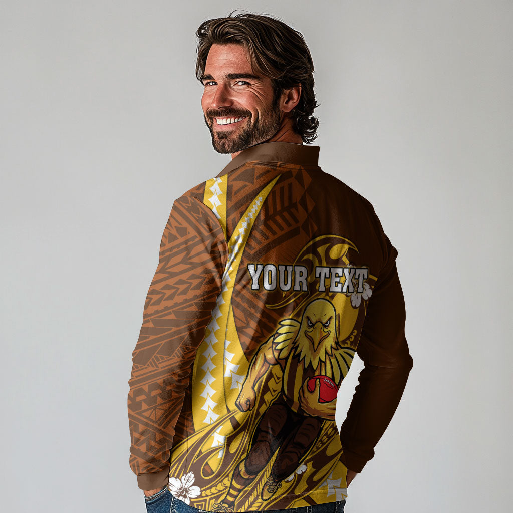 Personalized Hawthorn Hawks Long Sleeve Polo Shirt Polynesian Tribal Hawk Mascot With Hibiscus Flower Art