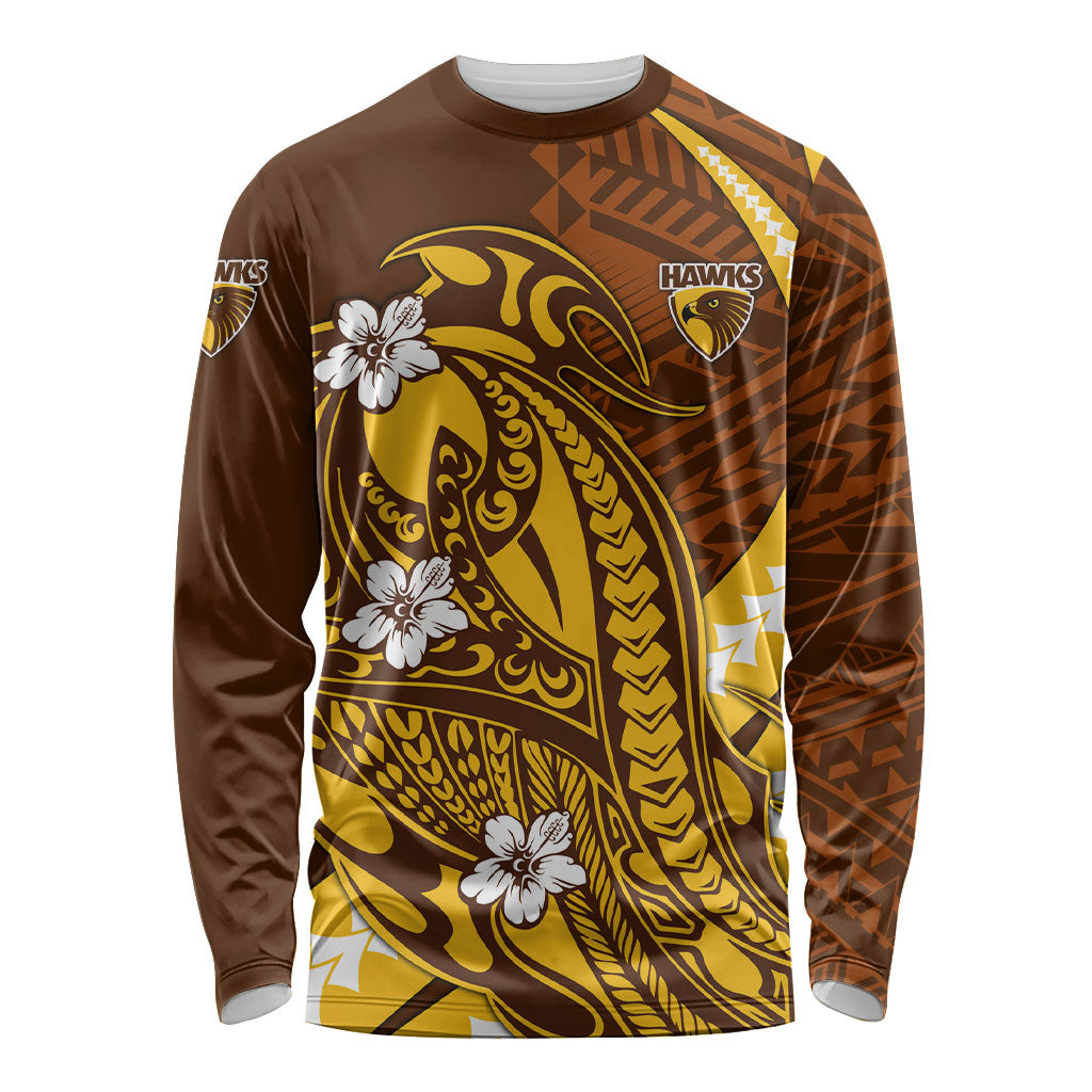 Personalized Hawthorn Hawks Long Sleeve Shirt Polynesian Tribal Hawk Mascot With Hibiscus Flower Art