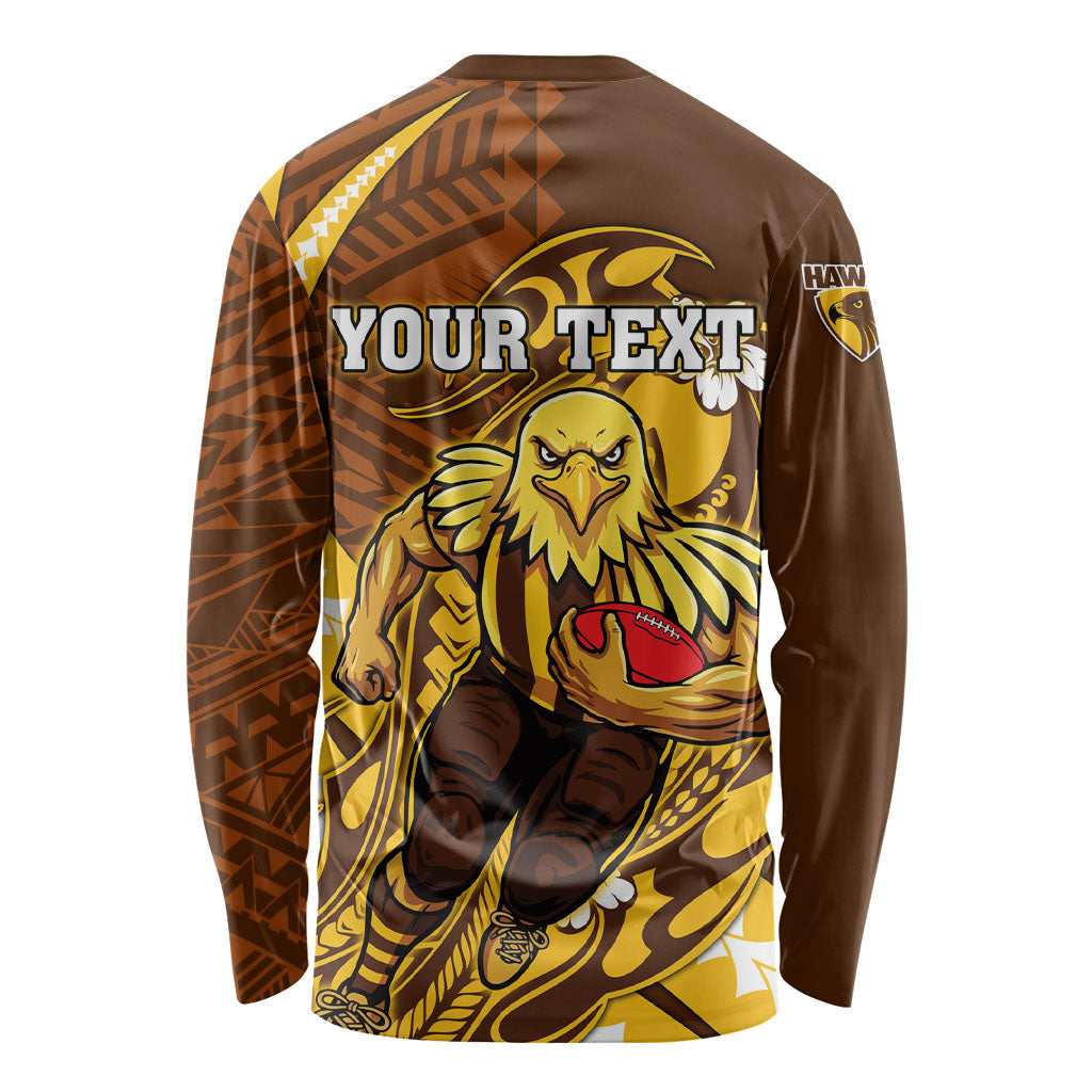 Personalized Hawthorn Hawks Long Sleeve Shirt Polynesian Tribal Hawk Mascot With Hibiscus Flower Art