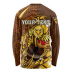 Personalized Hawthorn Hawks Long Sleeve Shirt Polynesian Tribal Hawk Mascot With Hibiscus Flower Art