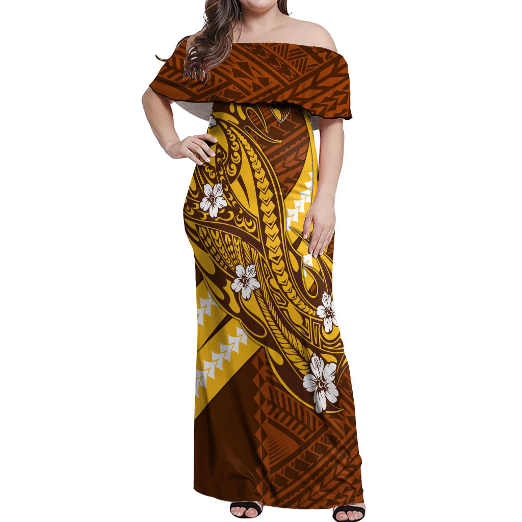 Personalized Hawthorn Hawks Off Shoulder Maxi Dress Polynesian Tribal Hawk Mascot With Hibiscus Flower Art