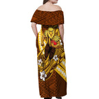 Personalized Hawthorn Hawks Off Shoulder Maxi Dress Polynesian Tribal Hawk Mascot With Hibiscus Flower Art