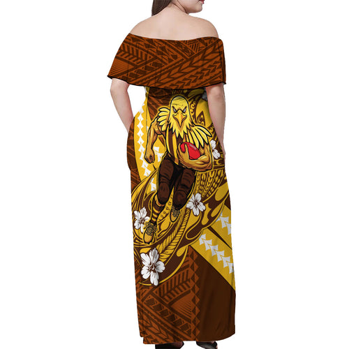 Personalized Hawthorn Hawks Off Shoulder Maxi Dress Polynesian Tribal Hawk Mascot With Hibiscus Flower Art