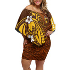 Personalized Hawthorn Hawks Off Shoulder Short Dress Polynesian Tribal Hawk Mascot With Hibiscus Flower Art