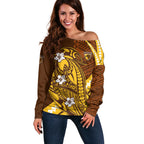 Personalized Hawthorn Hawks Off Shoulder Sweater Polynesian Tribal Hawk Mascot With Hibiscus Flower Art